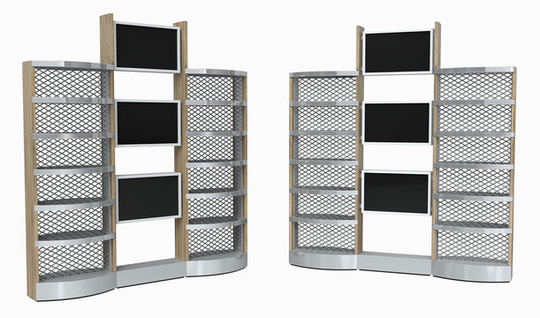 Retail trade show metal wooden display stand with curved shelves, diamond grid and integrated digital screens. 3d illustration isolated on white