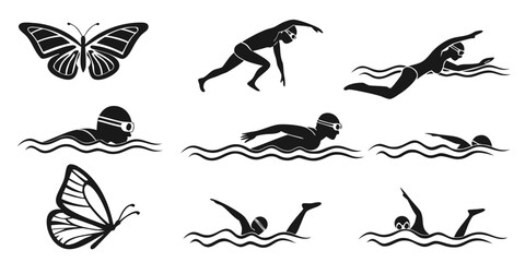 Set of black silhouette swimmer icons illustrating different swim strokes and water activities with swimming gear water sport swimming silhouette competition exercise activity movement © Hemal