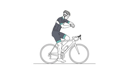 Obraz premium Athletic cyclist wearing helmet and cycling attire checks wristwatch while riding a road bicycle on a drawn path highlighting preparedness and timing in recreational cycling sport activity and