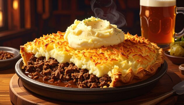 A steaming hearty shepherds pie featuring savory minced lamb with a thick and creamy mashed potato topping served in a rustic skillet, showcasing traditional British comfort food.