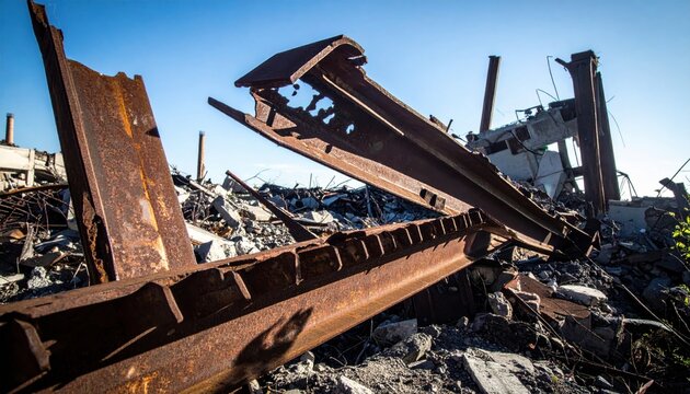 Twisted steel girder protruding from the rubble of a demolition site under a clear blue sky.