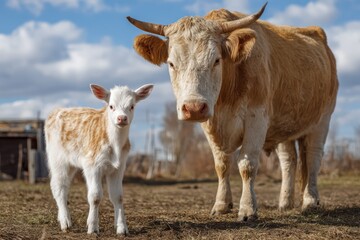 Fototapeta premium Farm animal friendship cow and goat kid