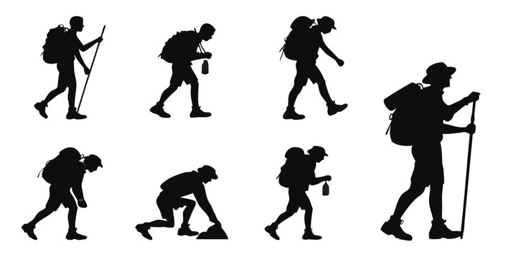 Set of hiking adventure silhouettes with backpackers and mountain terrain silhouette adventure mountain backpacking outdoors trekking exploration climbing wilderness vacation equipment