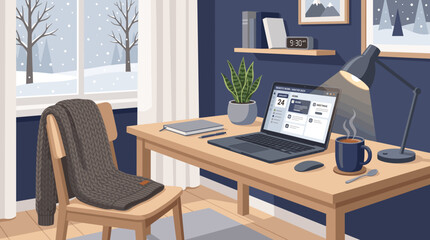 Fototapeta premium Cozy workspace on a cold winter day, showcasing a laptop, coffee, and a snowy scene outside the window.