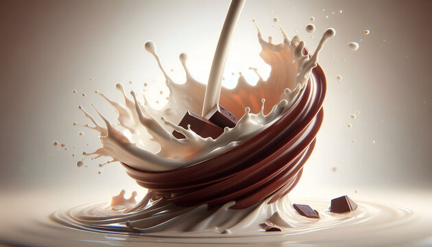 Milk splash pouring over chocolate pieces in creamy swirl high speed macro food photography capturing dynamic liquid motion and indulgent dessert concept