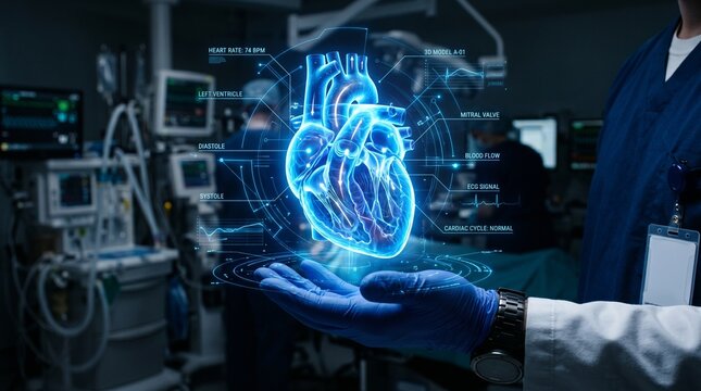 futuristic holographic heart scan in modern hospital with medical professional
