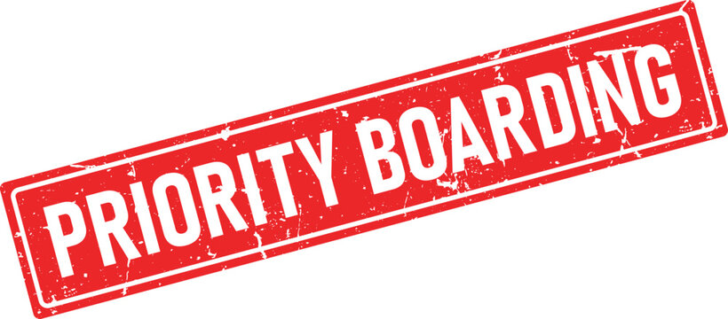 Red rectangular rubber stamp with distressed white ink impression reading PRIORITY BOARDING