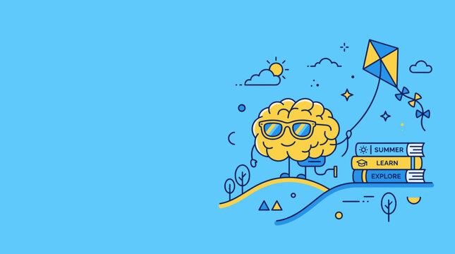 A whimsical illustration of a brain enjoying a sunny day, flying a kite, and embracing learning and exploration