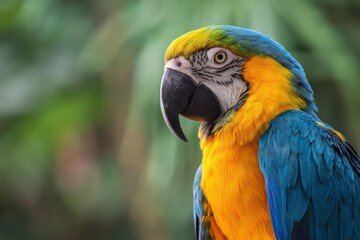 Fototapeta premium Colorful macaw parrot with jungle bokeh