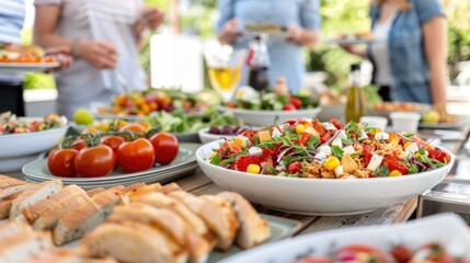 Obraz premium A delightful outdoor meal presentation featuring a variety of healthy salads ripe tomatoes and crusty bread arranged on a wooden table during a social event or company function