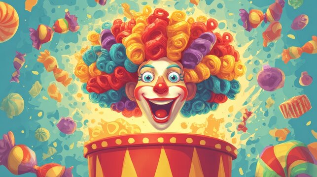 Vibrant clown face bursts joyfully from a circus barrel. Colorful curls explode around a wide, delighted grin. Bright candies float in joyful, chaotic celebration