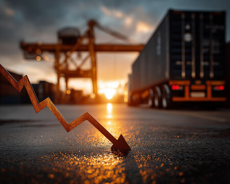 Freight Decline: A metaphorical representation of a downturn in the freight industry is illustrated by a downward-pointing arrow superimposed on a bustling commercial port scene.