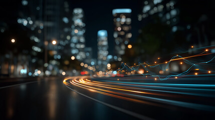 Fototapeta premium City Lights in Motion: A blurred scene of a city street at night, capturing the rapid movement of vehicles, enhanced with digital light trails.