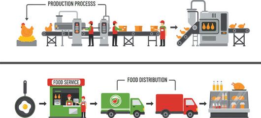 Fototapeta premium Food Production Process and Distribution Supply Chain Chicken Processing to Retail Service Vector Illustration