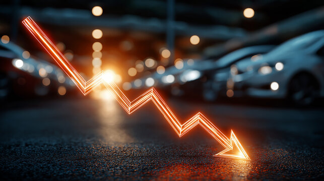 Automotive Industry Downturn: A symbolic arrow dramatically points downward against a backdrop of parked vehicles, capturing the decline in the automotive industry.