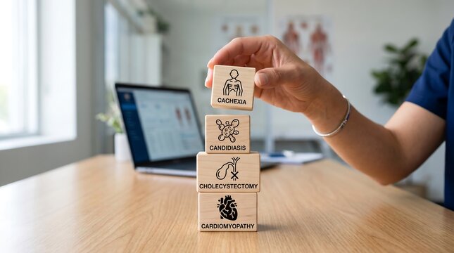 A person stacking wooden blocks with medical terms on a desk in an office  health conditions