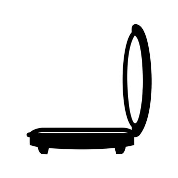Black silhouette illustration of an open clamshell grill on a white background