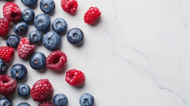 A vibrant overhead view of assorted fresh blueberries and raspberries artfully arranged on a smooth white marble surface highlighting their natural colors and textures