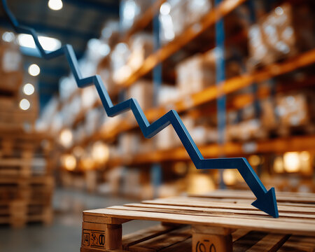 Inventory Decline: A symbolic representation of inventory decline, a downward-trending arrow emphasizes economic impacts within a storage area.