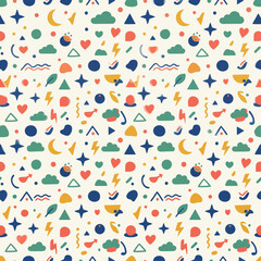 Obraz premium Colorful Kids Doodle Seamless Pattern Clouds Stars Hearts Triangles Vector Background