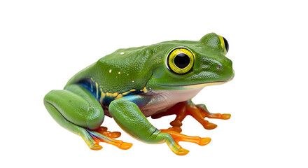 Fototapeta premium Green png frog with yellow eyes and orange feet isolated on transparent background