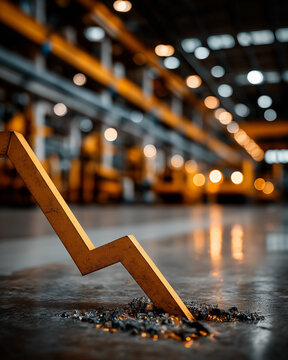 Economic Decline in Industry: A symbolic representation of a downturn, featuring a falling financial symbol embedded within the factory floor. It represents a tough time.