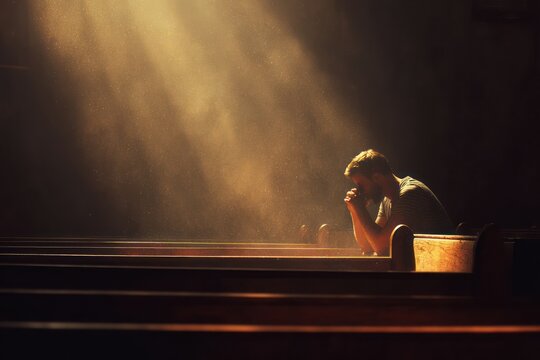 Spiritual moment of man praying in pew