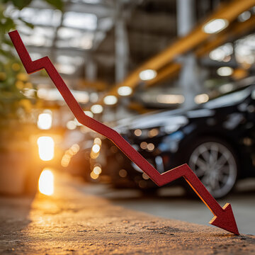 Economic Downturn: A symbolic depiction of economic decline, with a sharp red arrow pointing downwards, set against the backdrop of a car showroom to underscore the impact on the automotive industry.