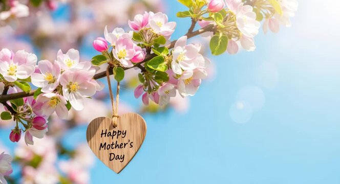 Wooden heart with text Happy Mother day hanging on blooming apple tree branch. Decorative ornament for spring celebration in garden. Floral background greeting concept.