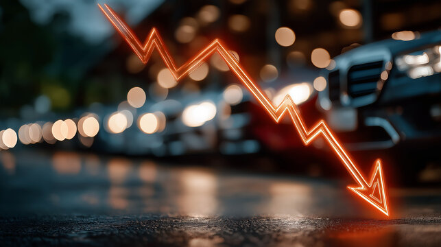 Economic Downturn: A symbolic depiction of financial decline, with a glowing red arrow plunging downward against the backdrop of blurred vehicles. Capturing the economic downturn, recession.