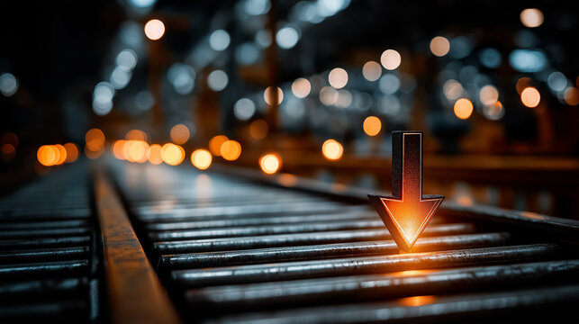 Industrial Decline: A dramatic depiction of an industrial scene, an arrow of light marking the symbolic descent and reflecting the somber reality.