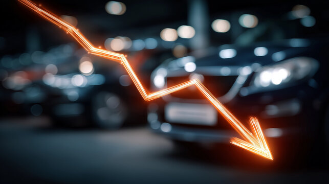 Economic Downturn: Symbolic of market instability and financial decline, a vibrant downward arrow dominates a blurred backdrop of parked vehicles, suggesting economic downturn or recession. 