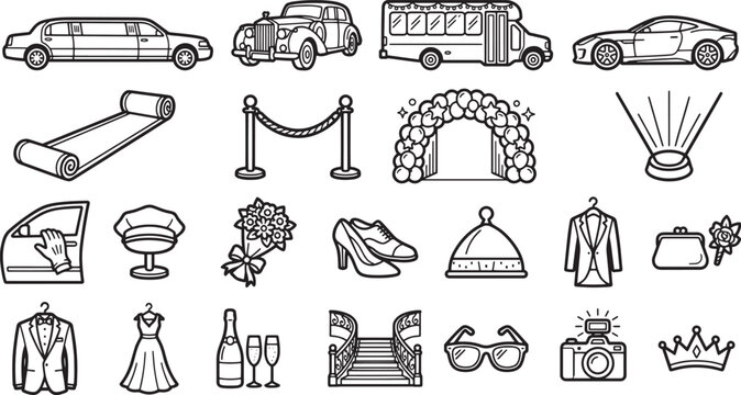 Iconic wedding and celebration elements drawn in a simple style, evoking a sense of elegance, joy, and anticipation, ready to add visual appeal to any project.