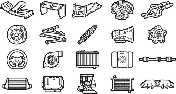 A collection of automotive components, illustrating parts of car. 