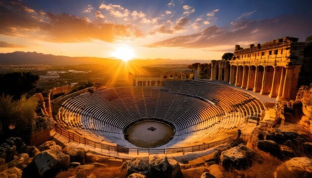 Ancient Roman Amphitheater at Sunset Landscape.