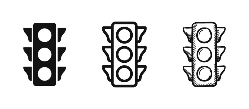 Traffic Light Icons Set in Solid Outline and Hand Drawn Styles for Transportation and Safety