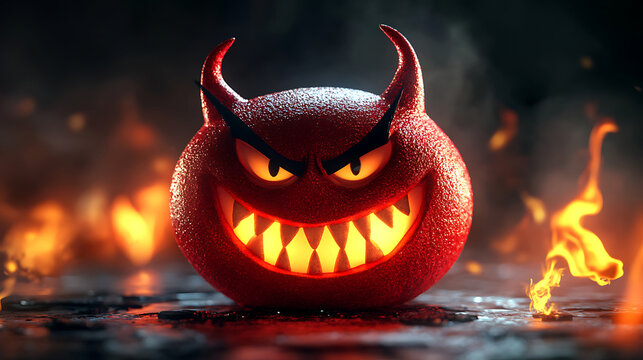 Scary Red Devil Character with Horns and Fiery Eyes in Flames.