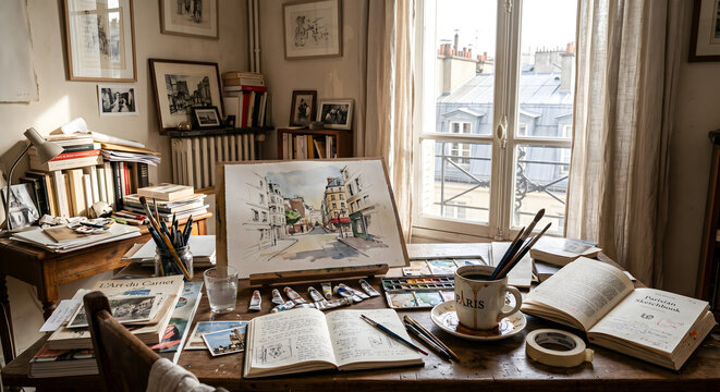Artist's cozy studio desk with watercolor painting of Paris city view near balcony window