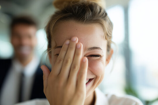 Woman smiling while covering one eye with hand in fun gesture, colleague visible beside her slightly blurred, bright office interior, natural window light