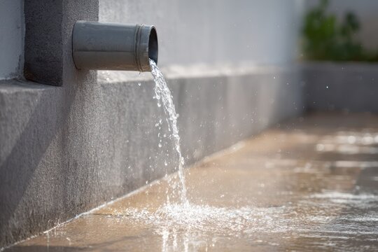 Modern rainwater downspout with splashing water