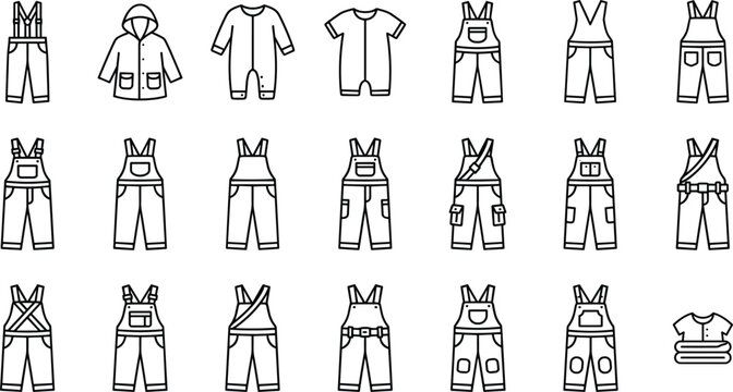 Workwear overalls and coveralls collection with protective clothing uniforms representing industrial labor safety gear and professional construction apparel set