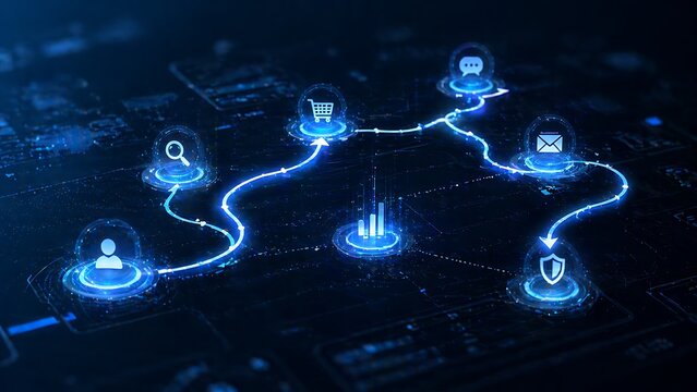 Digital network connection with glowing blue lines and icons on circuit board