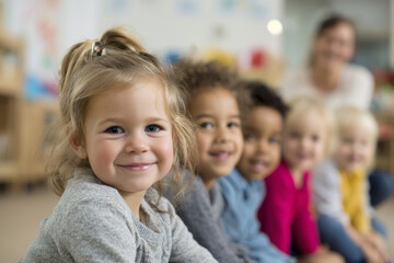 Obraz premium Smiling kindergarten children sitting close together during playtime, teacher visible in background softly blurred, bright modern preschool classroom isolated in elegant studio setup