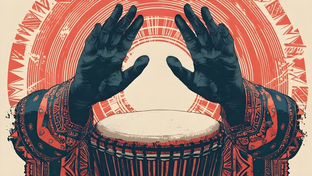 Graphic Illustration of Hands Playing a Traditional Percussion Drum, Cultural Music Heritage Concept, Artistic Vector Design of Ethnic Rhythm, Musician Performing Folk Beats, Modern Art