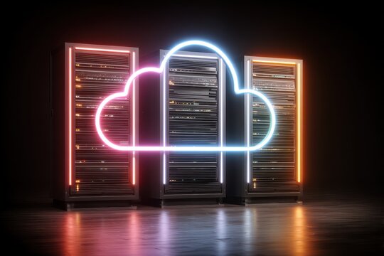 Glowing neon cloud computing server rack icon