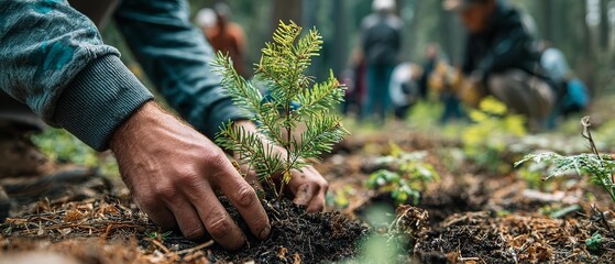 Naklejka premium Human hands planting green sprout plant into the ground