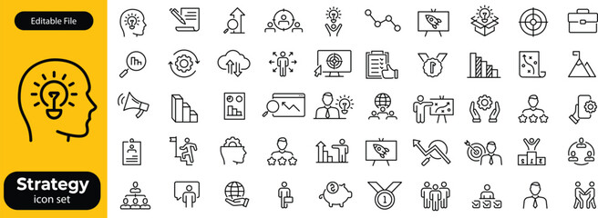 Strategy icon set. Business strategy icons collection. Action planning and corporate management concept. Data chart, analysis, roadmap, metrics and vision symbols. Trophy, success, mission and vision © shuveccha