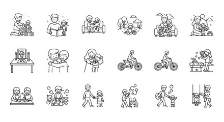 Obraz premium Happy Family Activities Collection Set Vector Line Art Icons Illustrating Bonding Moments Between Parents and Children Playing Together