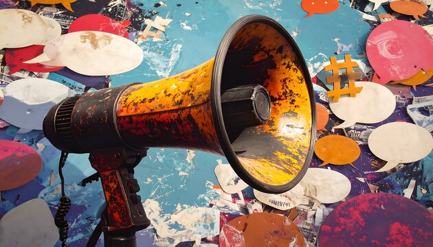 Worn megaphone against a vibrant collage of speech bubbles and hashtag symbols on a colorful, textured background