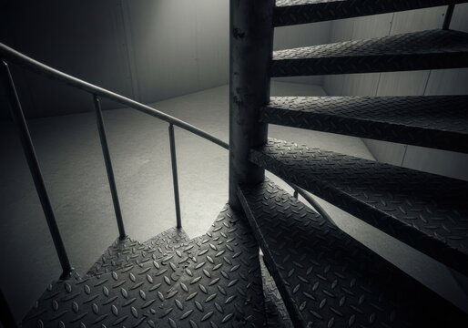 Spiral staircase with metal diamond plate steps in a dimly lit room